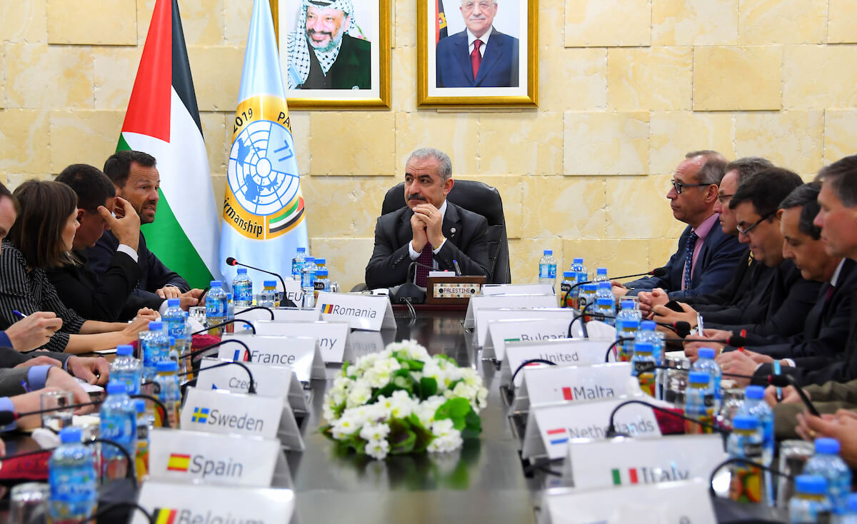 Palestinian Prime Minister Mohammad Ishtayeh meets with Consuls and representatives of the European Union in the West Bank city of Ramallah, April 16, 2019. (Photo by the Prime Minister's Office)