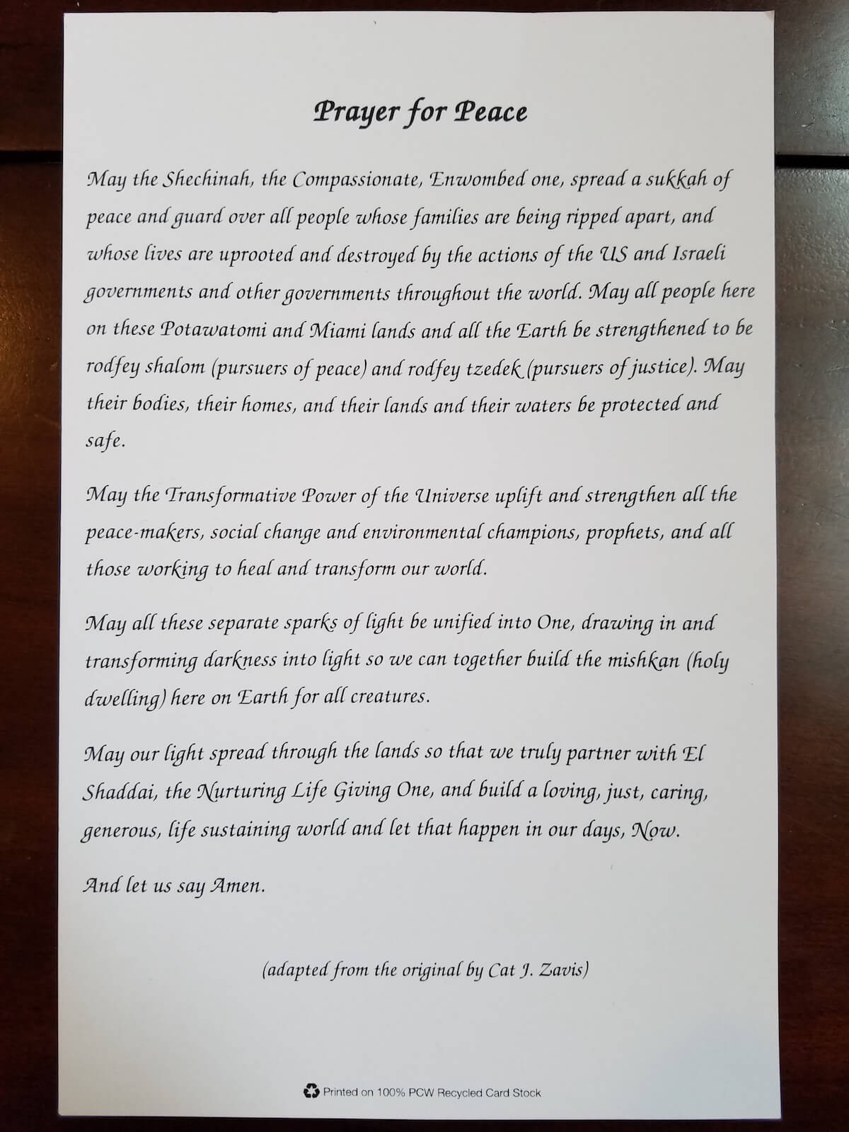 A copy of the Prayer for Peace that Dan Fischer distributed at his synogogue.