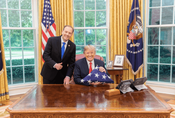 Lee Zeldin Presents Donato Panico's Flag from Ground Zero and Then Iraq to President Trump in Oval Office