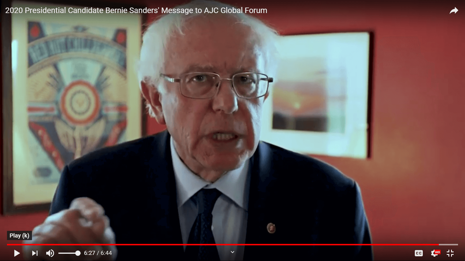 Bernie Sanders in his message to the American Jewish Committee. Screenshot. June 4, 2019.