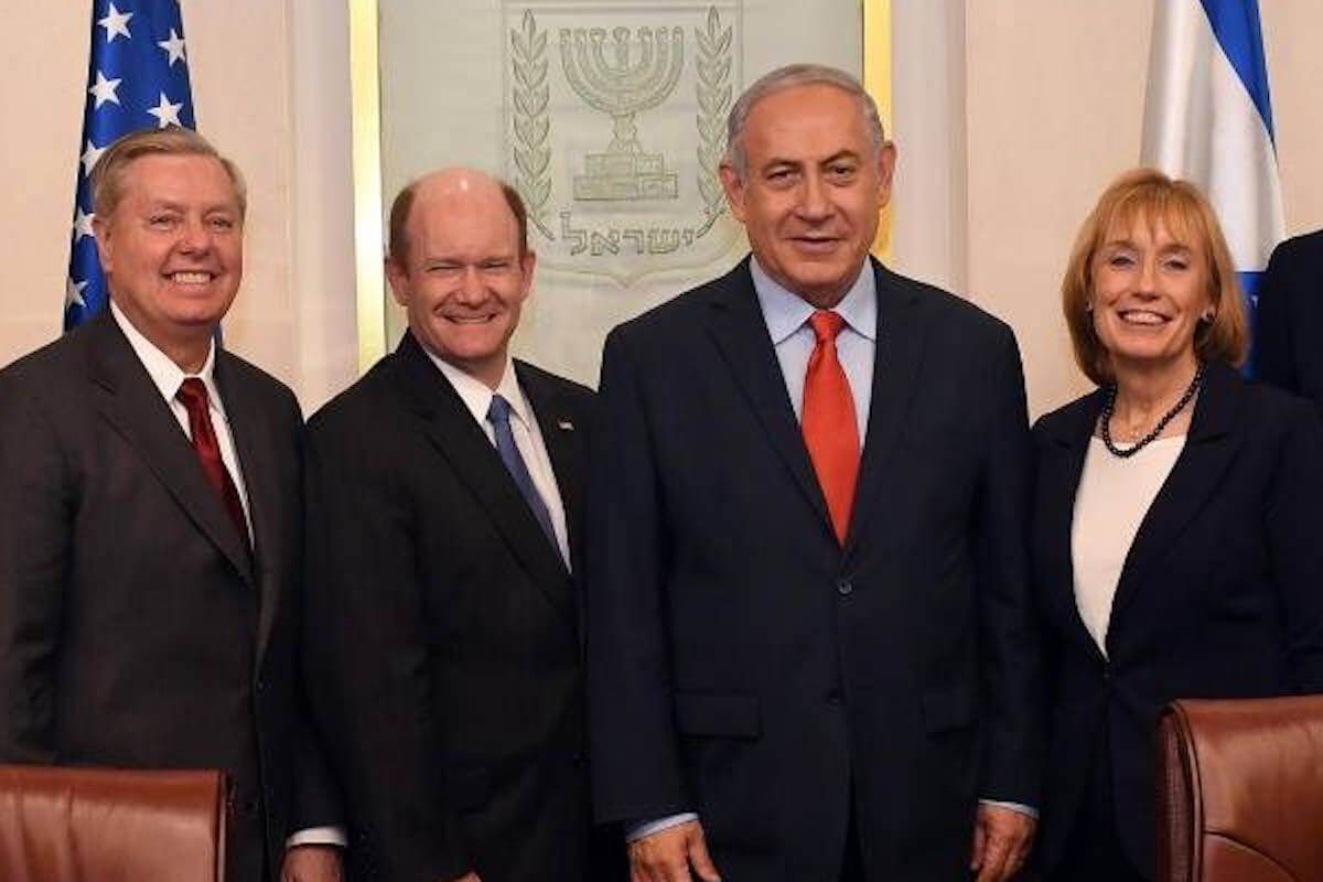 Lindsey Graham, Chris Coons, and Maggie Hassan meet with Benjamin Netanyahu as part of a a bipartisan delegation of senators to Israel in February 2018. (Photo: Israel Government Press Office)
