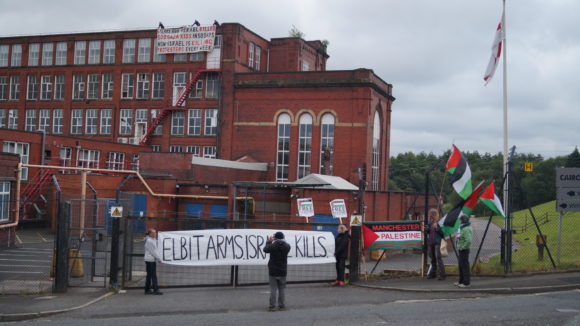 Activists stage a protest on the roof of Elbit Ferranti in Oldham, UK. (Photo: Manchester Action Palestine)