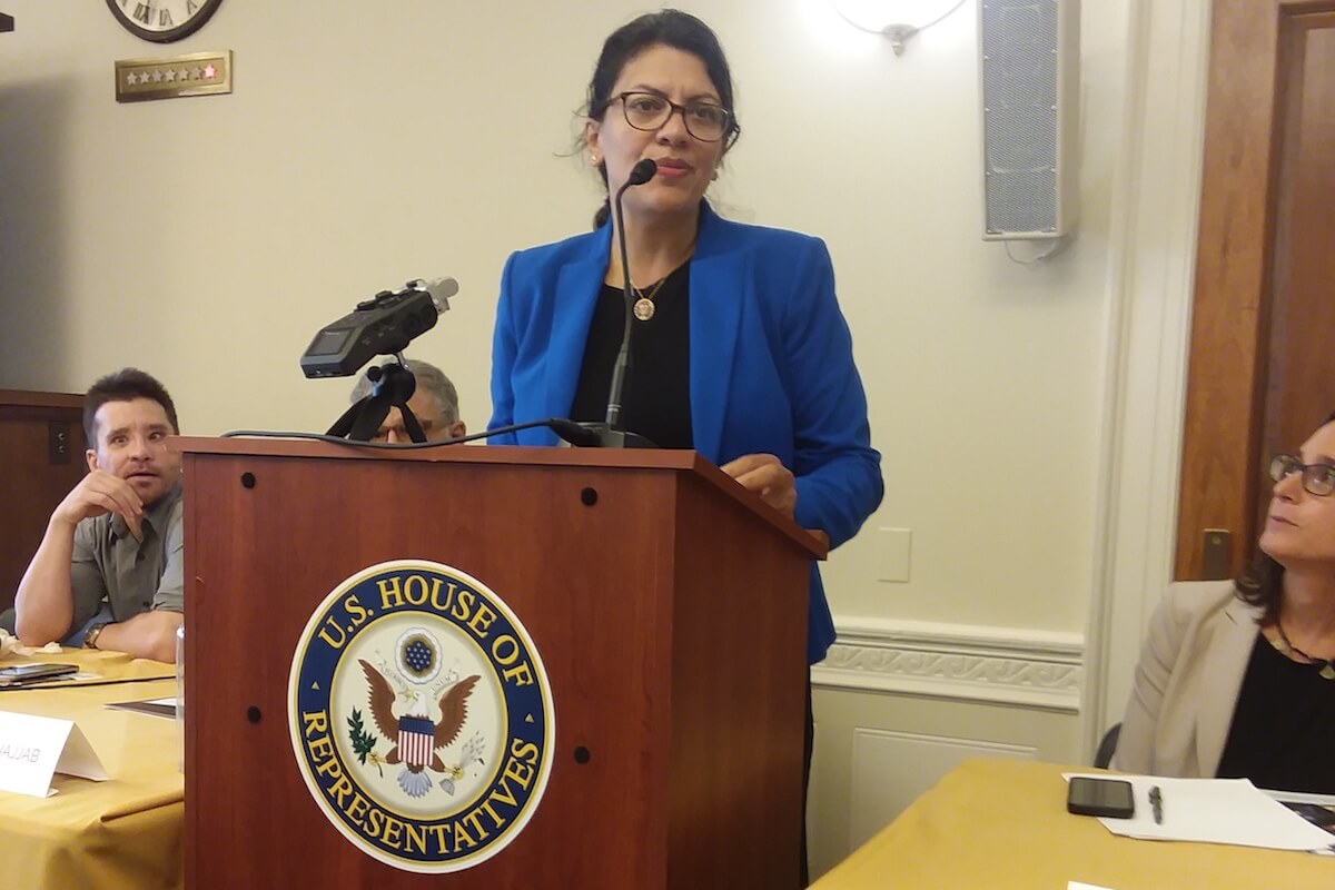 Rep. Rashida Tlaib (D-MI) addressing a briefing organized by American Muslims for Palestine, July 25, 2019. (Photo: Josh Ruebner)