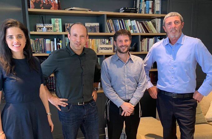 The last merger of far right parties, from July 2019. Ayelet Shaked, Naftali Bennett, Bezalel Smotrich, and Rafi Peretz. (Photo: Twitter)