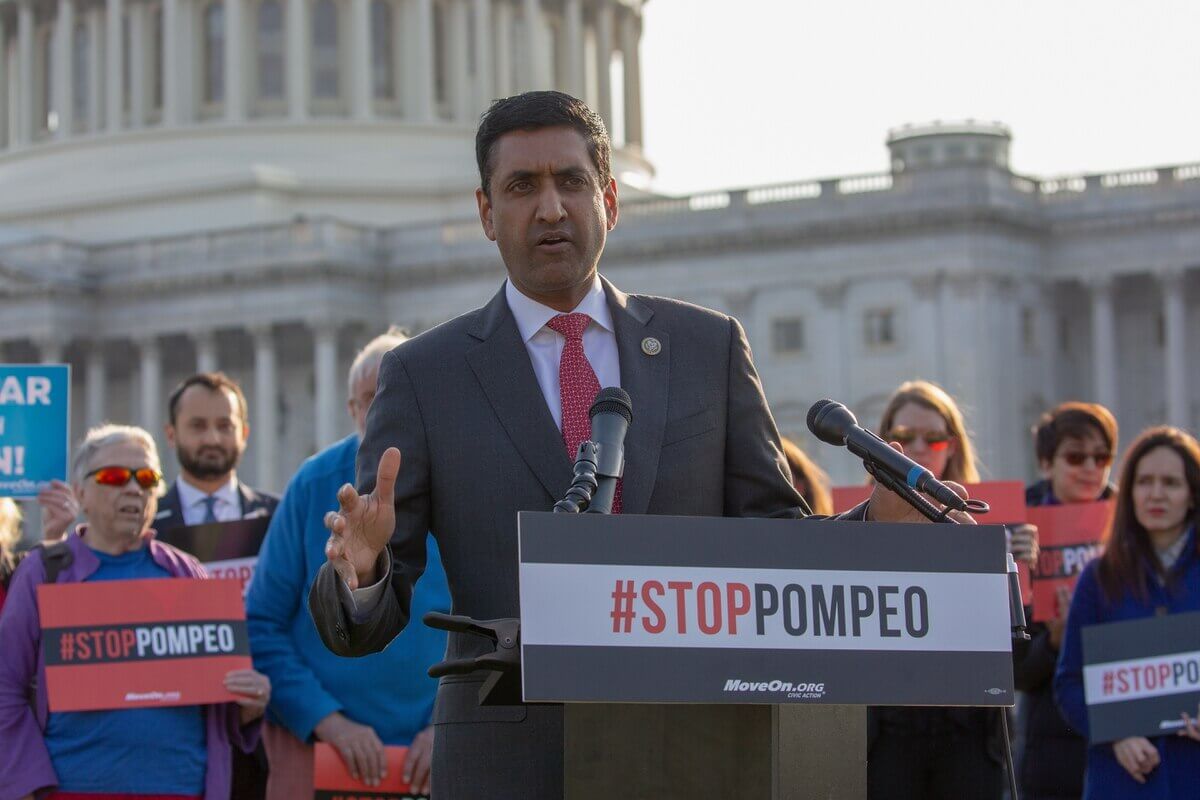 Rep Ro Khanna, D-Calif., speaks at a rally against Mike Pompeo's nomination for Secretary of State on April 11, 2018, in Washington.