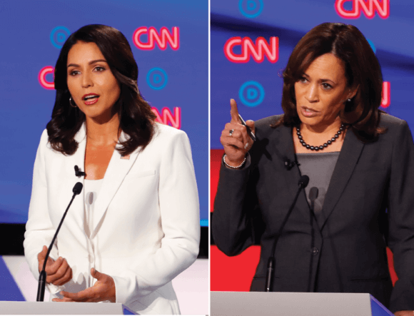 Side by side images of Tulsi Gabbard and Kamala Harris at July 31 debate in Detroit. AP images.