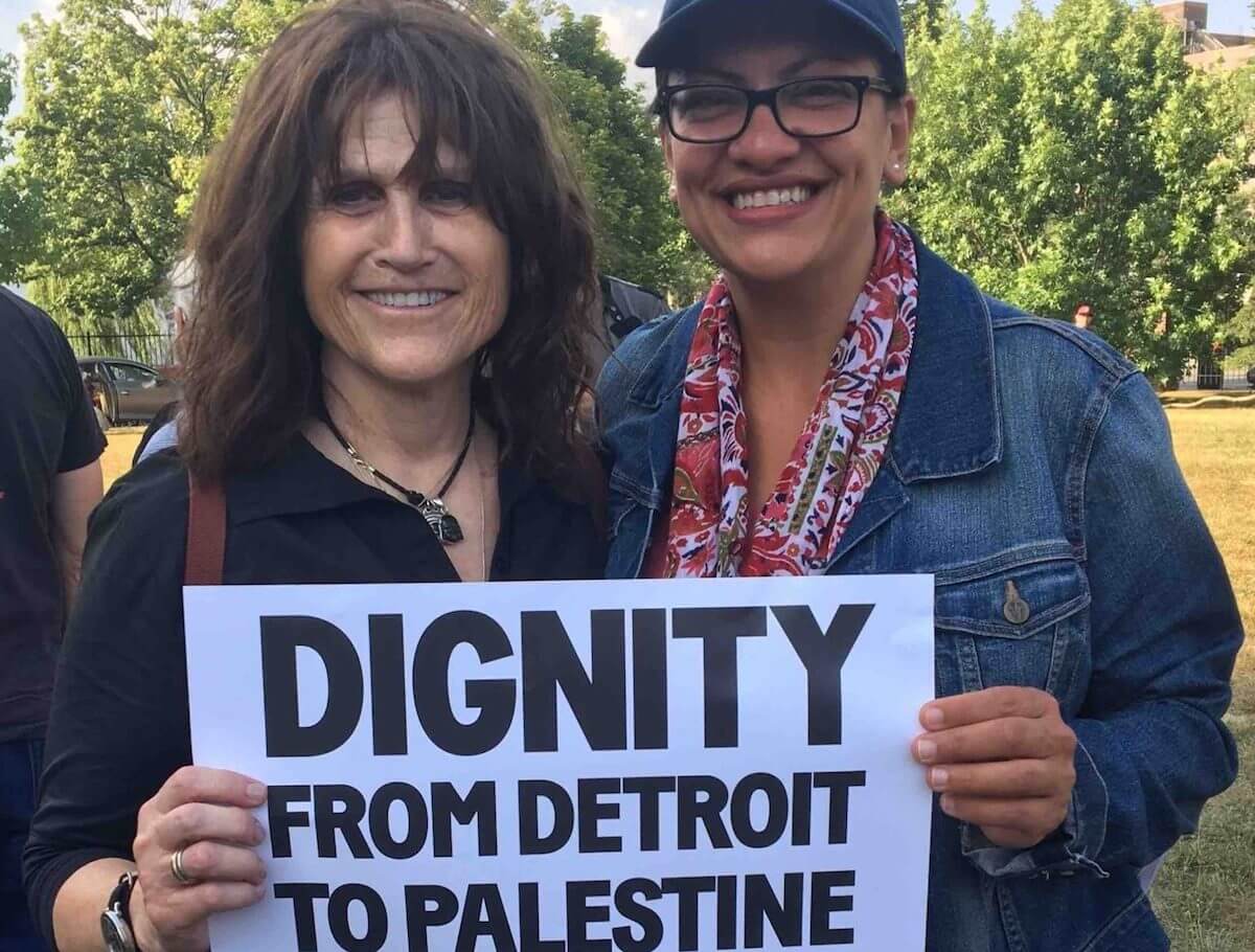 Rep Rashida Tlaib at a Shabbat service in a Detroit park arranged by Jewish Voice For Peace Action after she was denied entrance to Israel.