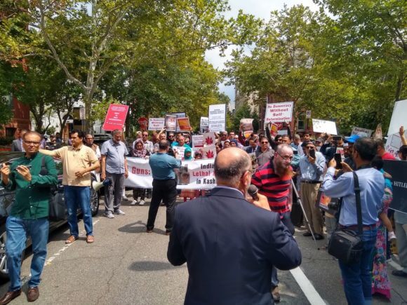 American Muslims for Palestine joined the U.S. Council of Muslim Organizations to hold a demonstration for Kashmiri sovereignty in front of the Indian Embassy in Washington D.C., August 16, 2019.