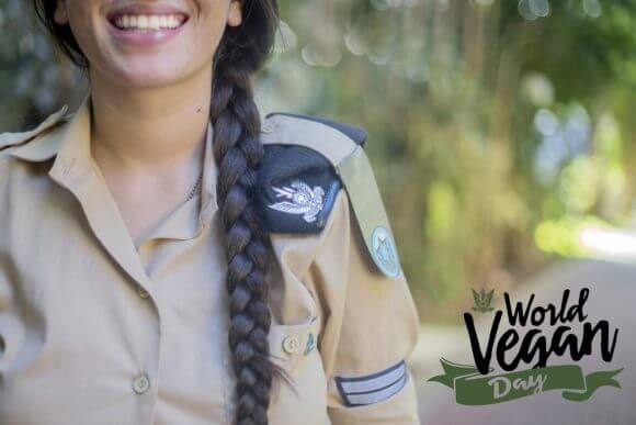A photo posted by the Israeli Air Force to Twitter on November 1, 2016 with the tweet: "#Worldveganday fact: In the IDF, #vegan soldiers receive vegan boots and berets. Pictured: a #smiley vegan soldier, with her vegan beret!"
