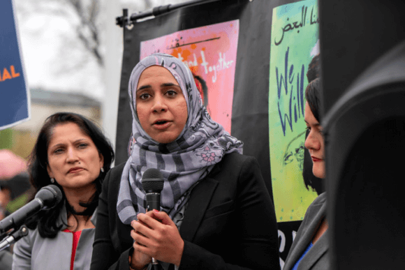 Zahra Billoo executive director of the San Francisco Bay Area chapter of the Council on American Islamic Relations (CAIR) speaking outside the Supreme Court after oral arguments on Trump's latest Muslim Ban (Photo: Lorie Shaull)