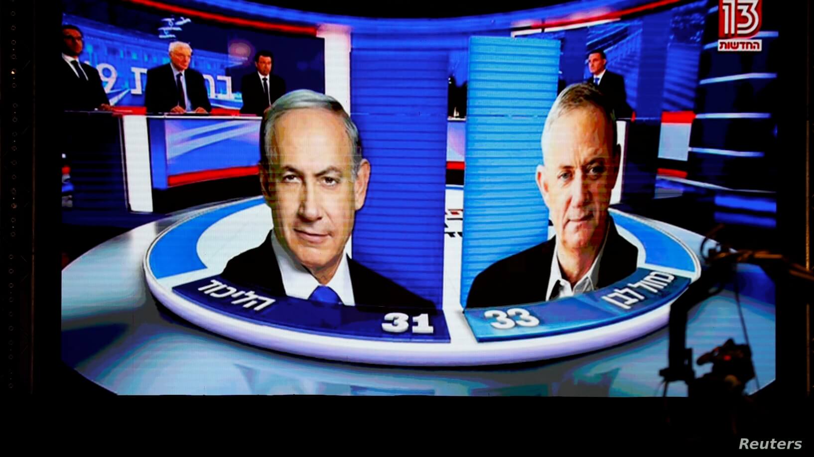 The results of the exit polls are shown on a screen at Benny Gantz's Blue and White party headquarters, following Israel's parliamentary election, in Tel Aviv, Israel, Sept. 17, 2019. (Photo: Reuters)