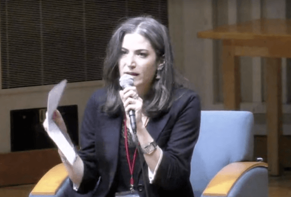 Batya Ungar-Sargon reads speech at Bard College, Oct. 11, 2019. Screenshot from video.