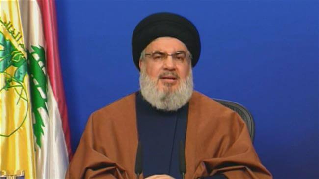 Hassan Nasrallah of Hezbollah featured on Iranian television, Dec. 2019, speaking of resistance to American and Israeli plans in the Middle East. Dec. 2019.