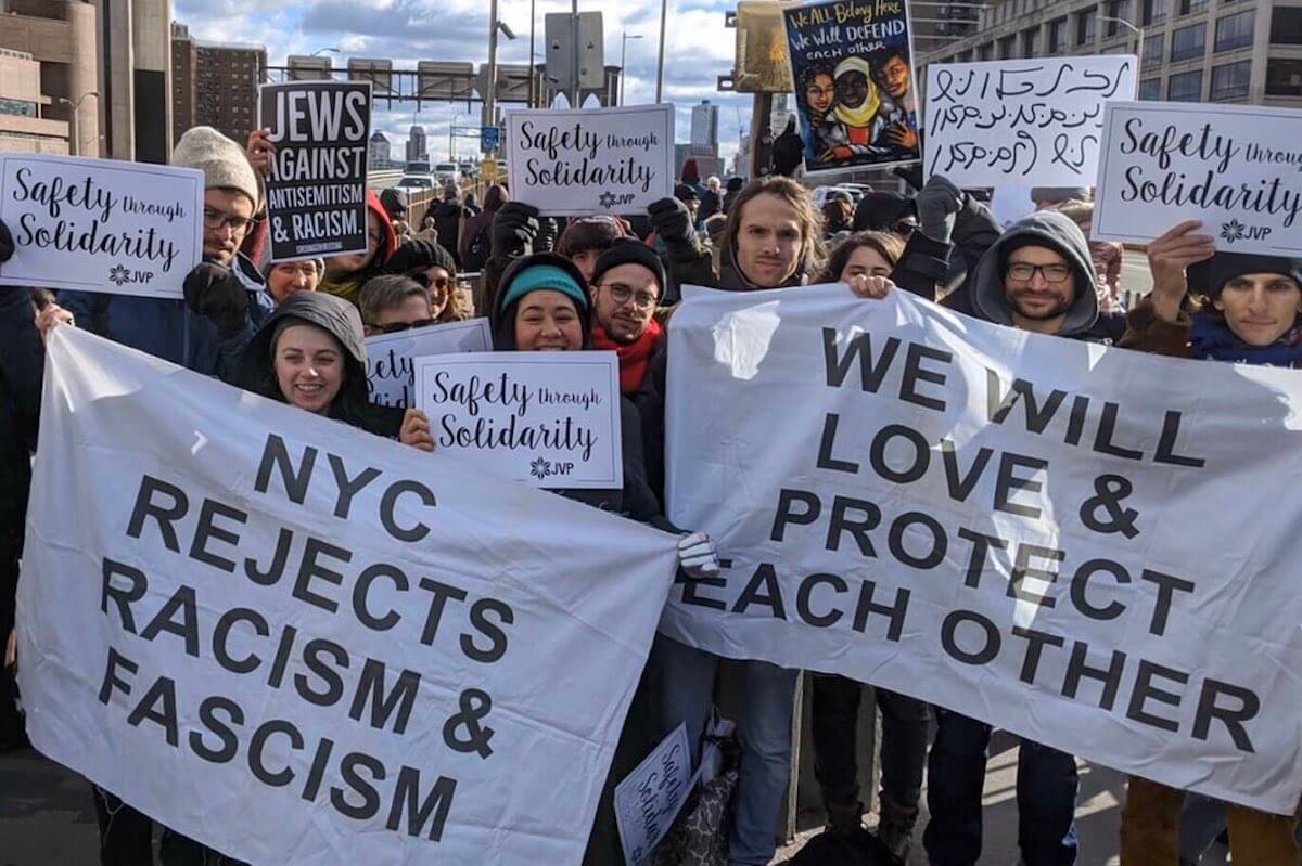 Activists with Jewish Voice for Peace and Jews for Racial and Economic Justice at the “No Hate, No Fear” march in New York City, January 5, 2020. (Photo: Twitter)