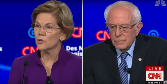 Elizabeth Warren and Bernie Sanders in Jan. 14, 2019. screenshot.