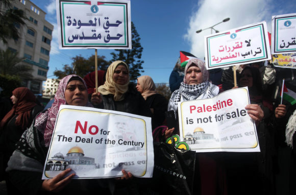 Palestinian women take part in a protest against President Donald Trump's deal of the century, in Gaza City, on February 10, 2020. (Photo: Mahmoud Ajjour/APA Images)