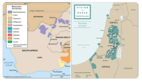 Side-by-side maps that have gone viral on social media showing South African bantustans under apartheid and the maps included in the Trump administration's "Deal of the Century"