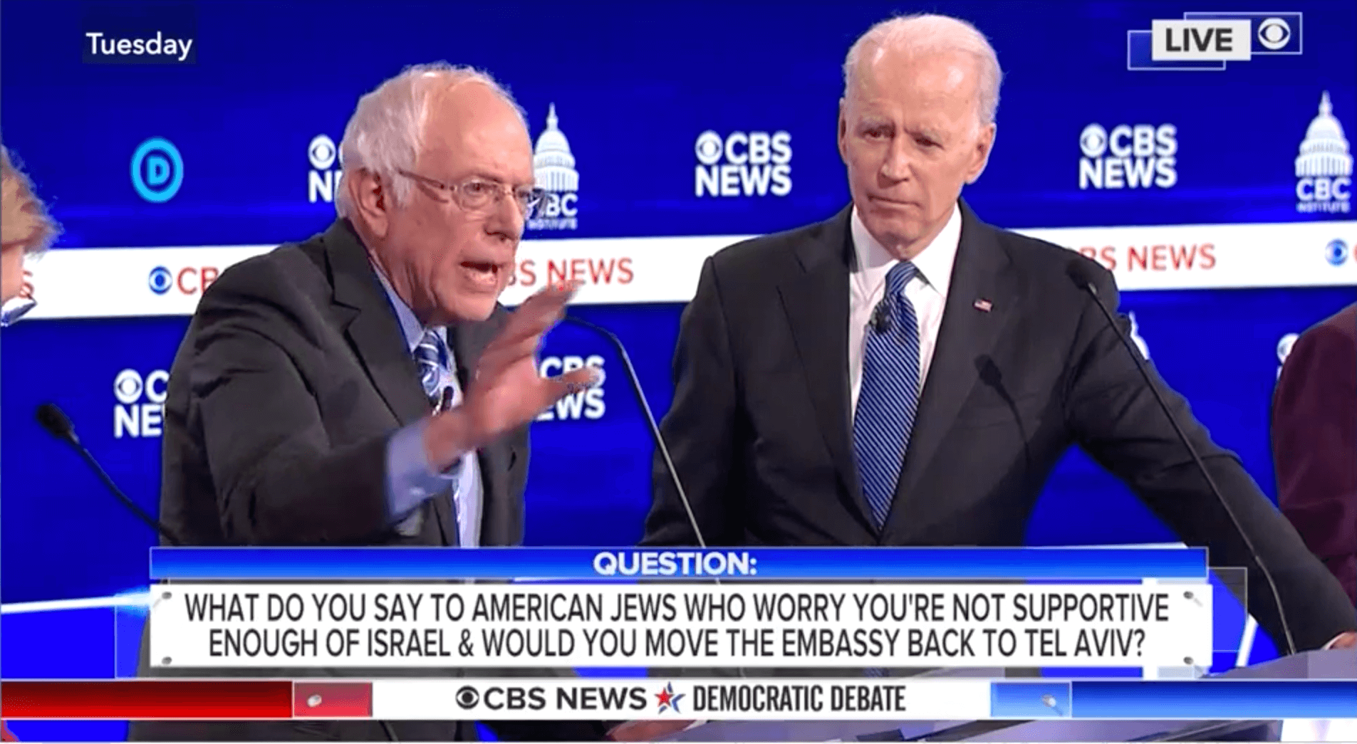 Screenshot of Bernie Sanders answering a question on Israel during a February 25, 2020 debate in South Carolina.