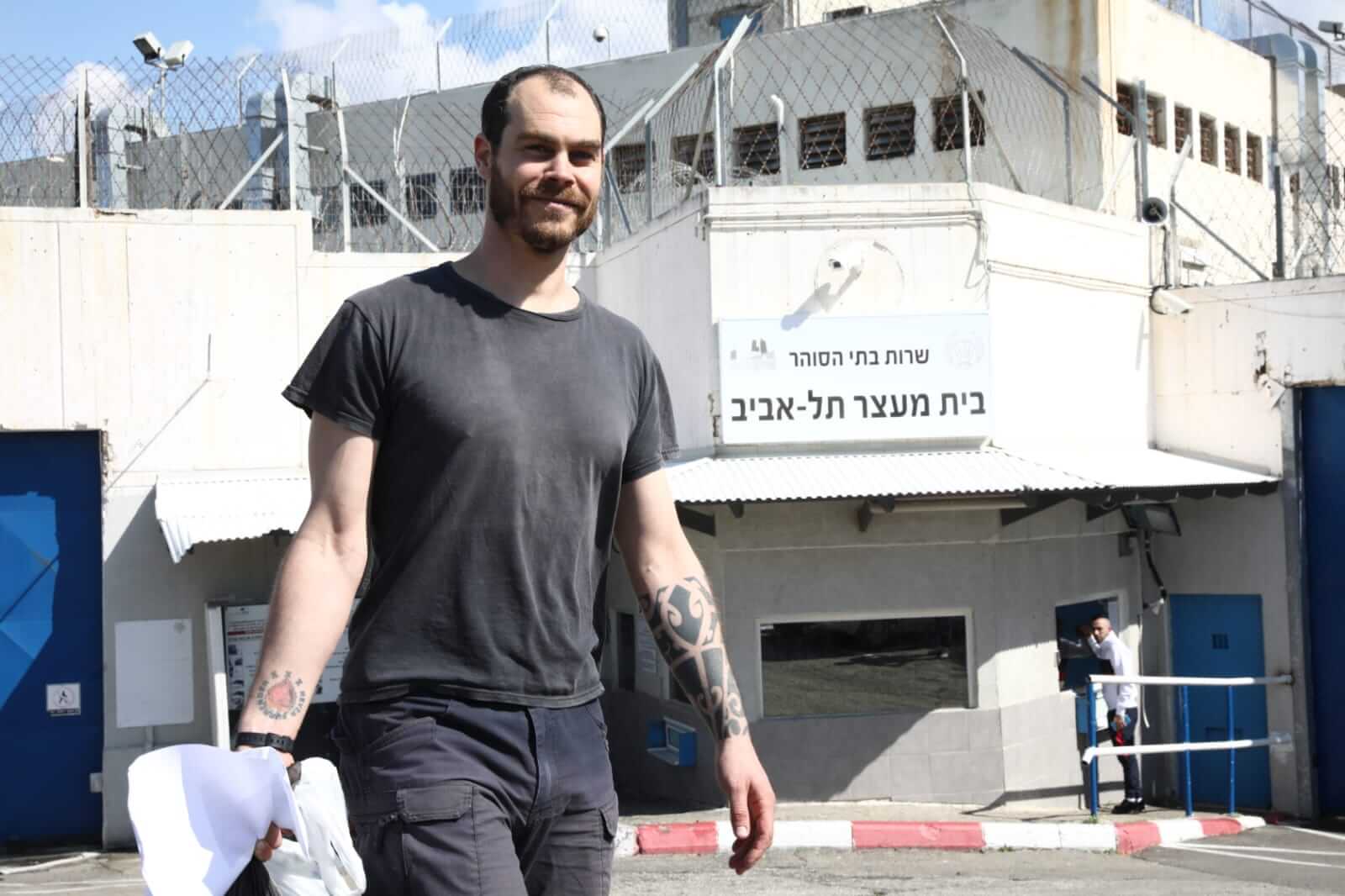 Jonathan Pollak leaving prison on February 20, 2020. (Photo: Oren Ziv / Activestills)
