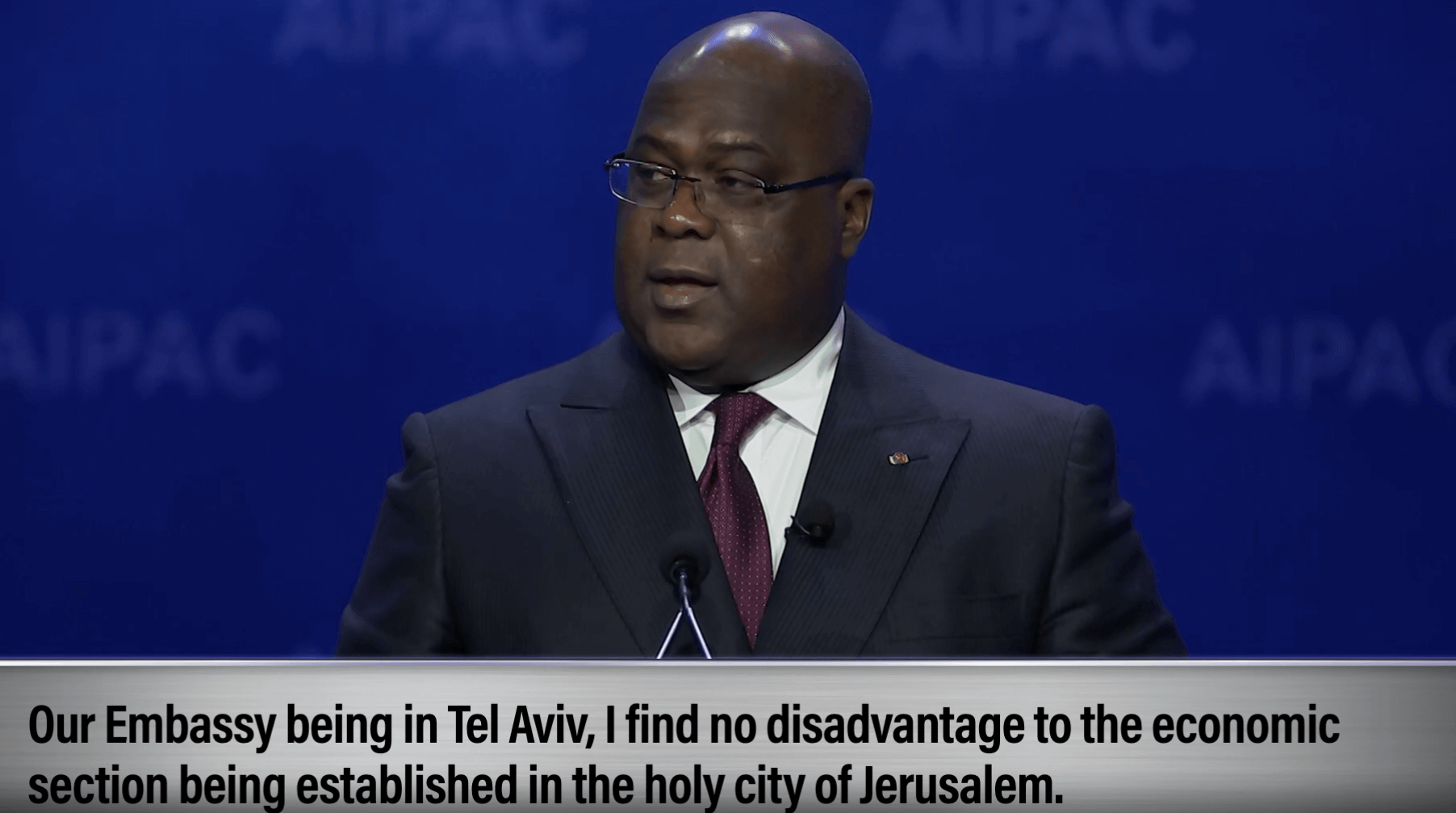 Felix Tshisekedi, president of the Democratic Republic of Congo, addresses the AIPAC Israel lobby conference on March 1, 2020. Screenshot of AIPAC video.