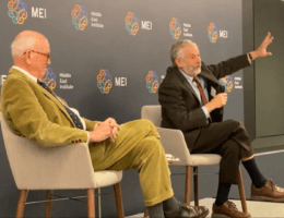 Ian Lustick, right, addressing Middle East Institute in December 2019. Retired ambassador Phil Wilcox is at left.
