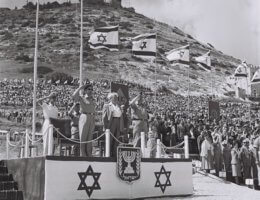 Independence Day 1953 Israeli Prime Minister David Ben-Gurion on the grandstand during the parade in Haifa. (Photo: Hans Pinn/GPO)