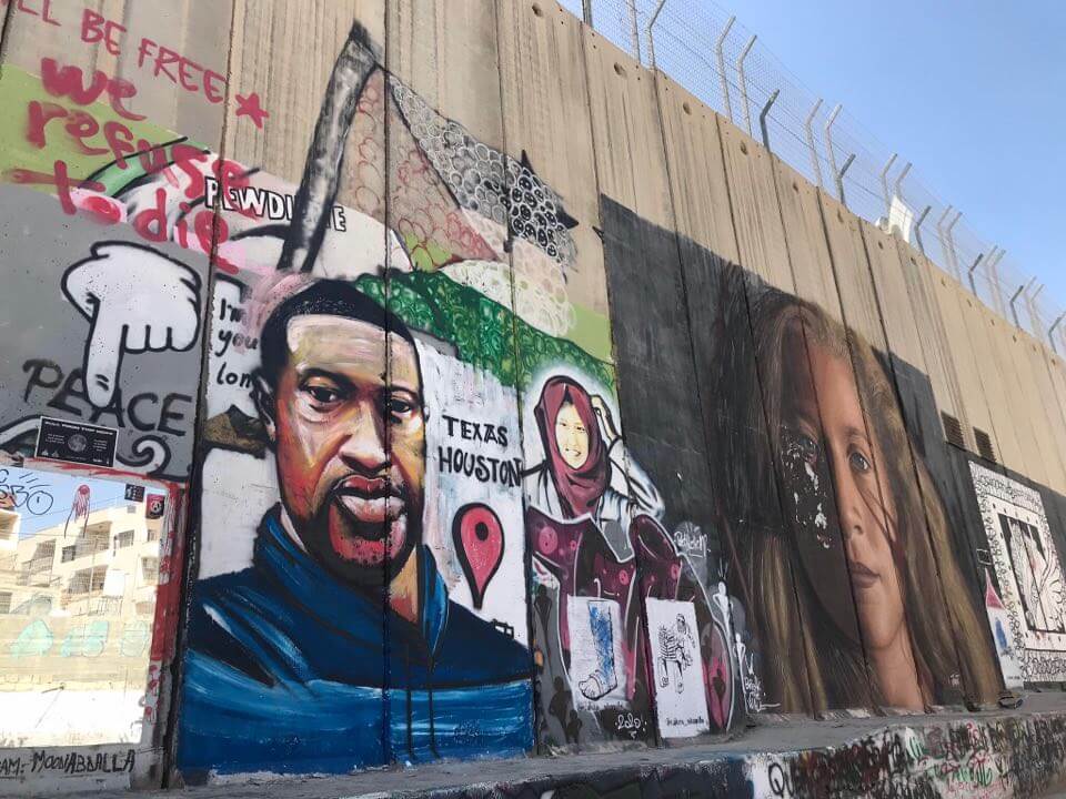 A mural of George Floyd on the Isralei Separation Wall in the occupied West Bank city of Bethlehem, June 9, 2020. Photo by Yumna Patel