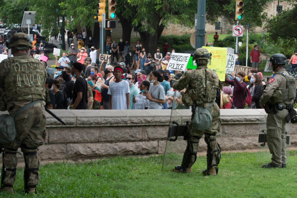 Military police soldiers attached to the Texas Army National Guard support local law enforcement during a protest in Austin, Texas, on May 31, 2020. (Photo: U.S. Army photo by Charles E. Spirtos)