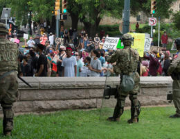 Military police soldiers attached to the Texas Army National Guard support local law enforcement during a protest in Austin, Texas, on May 31, 2020. (Photo: U.S. Army photo by Charles E. Spirtos)