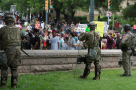 Military police soldiers attached to the Texas Army National Guard support local law enforcement during a protest in Austin, Texas, on May 31, 2020. (Photo: U.S. Army photo by Charles E. Spirtos)