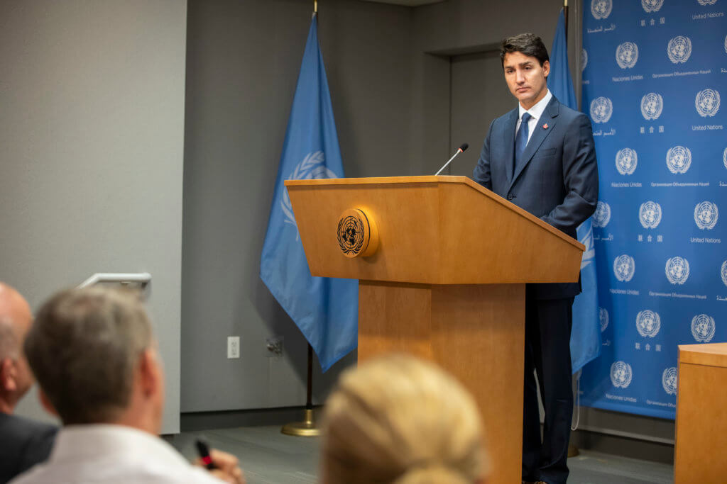 Justin Trudeau, Prime Minister of Canada, briefs press on the sidelines of the annual general debate of the General Assembly at UN Headquarters in New York City, September 26, 2018. (Photo: Laura Jarriel/UN Photo)