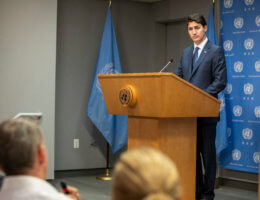 Justin Trudeau, Prime Minister of Canada, briefs press on the sidelines of the annual general debate of the General Assembly at UN Headquarters in New York City, September 26, 2018. (Photo: Laura Jarriel/UN Photo)