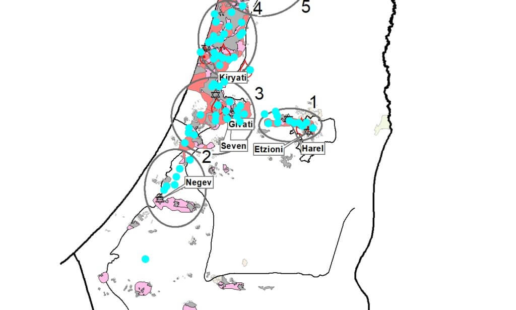 The depopulated villages and cities in Central Palestine highlighted in blue dots.