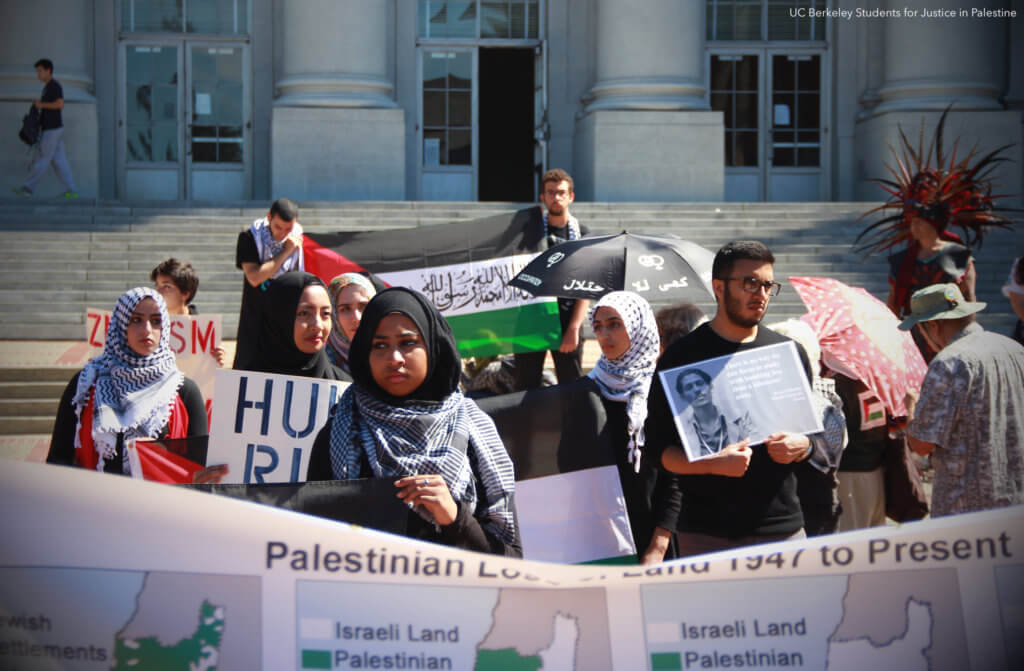 Members of UC Berkeley's Students for Justice in Palestine on Sproul Plaza. (Photo: UC Berkeley SJP/Al Shabaka)