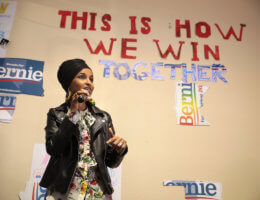 U.S. Congresswoman Ilhan Omar speaking with supporters of U.S. Senator Bernie Sanders in Las Vegas, Nevada, February 2020. (Photo: Gage Skidmore)