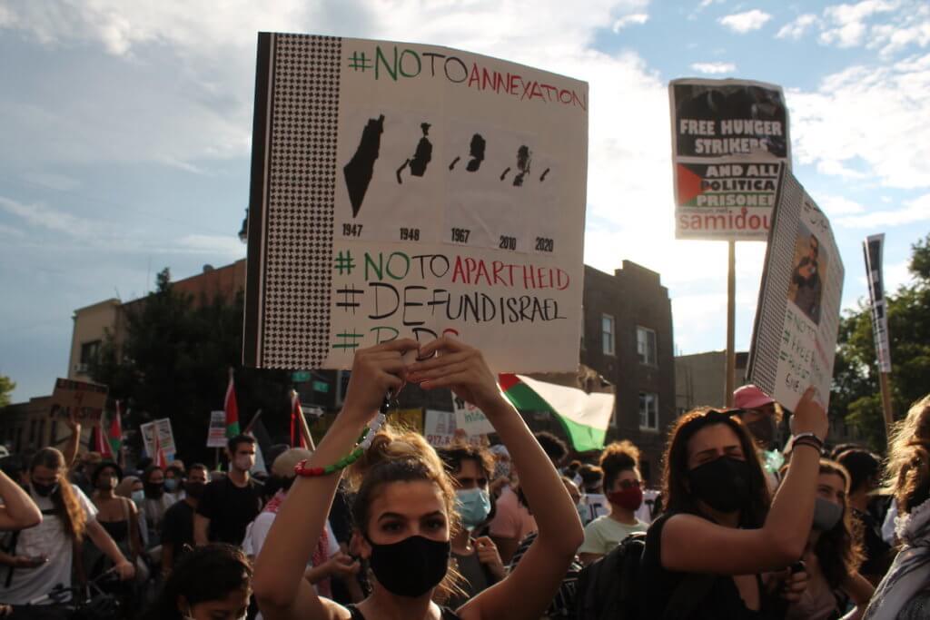 BROOKLYN, NEW YORK, July 1 - Several thousand Palestinians and supporters rallied in the Palestinian-American neighborhood of Bay Ridge, then marched four miles north to the Barclays Center, to oppose threats by Israel to annex parts of the occupied West Bank. (Photo by Joe Catron)