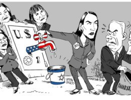 Cutting off the US aid spigot over annexation. (Cartoon: Carlos Latuff)