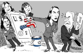 Cutting off the US aid spigot over annexation. (Cartoon: Carlos Latuff)