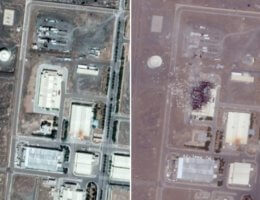 Satellite images of Natanz nuclear plant. Pics: Google (before) and Iran International (after) (Images via Sky News)