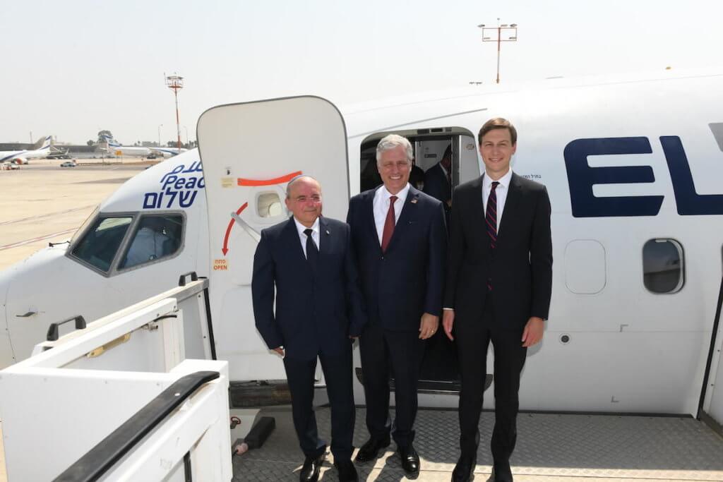 Israeli National Security Advisor Meir Ben-Shabbat, US National Security Advisor Robert O'Brien, and Jared Kushner before they boarded the El Al flight to Abu Dhabi. (Photo: Amos Ben-Gershom, GPO)