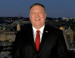 Secretary of State Mike Pompeo speaks from Jerusalem during the second night of the Republican National Convention on Tuesday, Aug. 25, 2020. (Courtesy of the Committee on Arrangements for the 2020 Republican National Committee via AP)