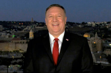 Secretary of State Mike Pompeo speaks from Jerusalem during the second night of the Republican National Convention on Tuesday, Aug. 25, 2020. (Courtesy of the Committee on Arrangements for the 2020 Republican National Committee via AP)