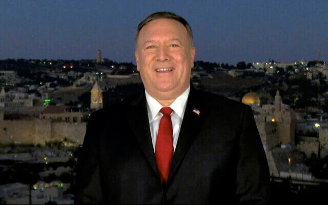 Secretary of State Mike Pompeo speaks from Jerusalem during the second night of the Republican National Convention on Tuesday, Aug. 25, 2020. (Courtesy of the Committee on Arrangements for the 2020 Republican National Committee via AP)