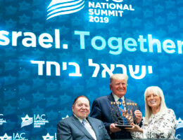 When the going was good: Trump receives a menorah from Miriam and the late Sheldon Adelson at the Israeli American Council National Summit Saturday, Dec. 7, 2019, in Hollywood, Fla. (Official White House Photo by Joyce N. Boghosian)