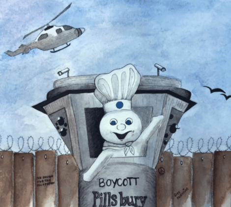 An illustration of the Israeli "separation" or "apartheid wall" with the Pillsbury Doughboy inside one of the military watch towers.