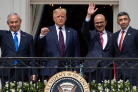 (L-R)Israeli Prime Minister Benjamin Netanyahu, US President Donald Trump, Bahrain Foreign Minister Abdullatif al-Zayani, and UAE Foreign Minister Abdullah bin Zayed Al-Nahyan wave from the Truman Balcony at the White House after they participated in the signing of the Abraham Accords where the countries of Bahrain and the United Arab Emirates recognize Israel, in Washington, DC, September 15, 2020. (Photo: SAUL LOEB/AFP via Getty Images)