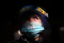 Palestinian children, clad in masks and face-shields due to the COVID-19 coronavirus pandemic, play inside their kindergarten, in Gaza City on November 23, 2020. (Photo: Mahmoud Ajjour/APA Images)