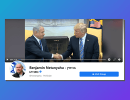 Netanyahu's Facebook page features a Netanyahu campaign video that begins with him pow-wowing with Donald Trump. Nov. 2, 2020. Screenshot.