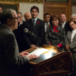 Irwin Cotler speaking at a Raoul Wallenberg Centre for Human Rights event with Justin Trudeau in the audience. (Photo: Raoul Wallenberg Centre for Human Rights)