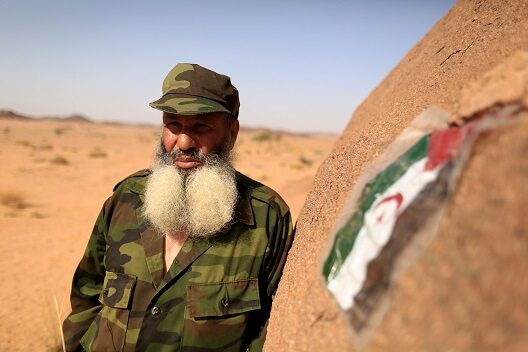 Mohamed al Wali, 65, a Polisario fighter, stands next to a Sahrawi Arab Democratic Republic flag at a forward base on the outskirts of Tifariti, Western Sahara, September 9, 2016. (Photo: REUTERS/Zohra Bensemra)